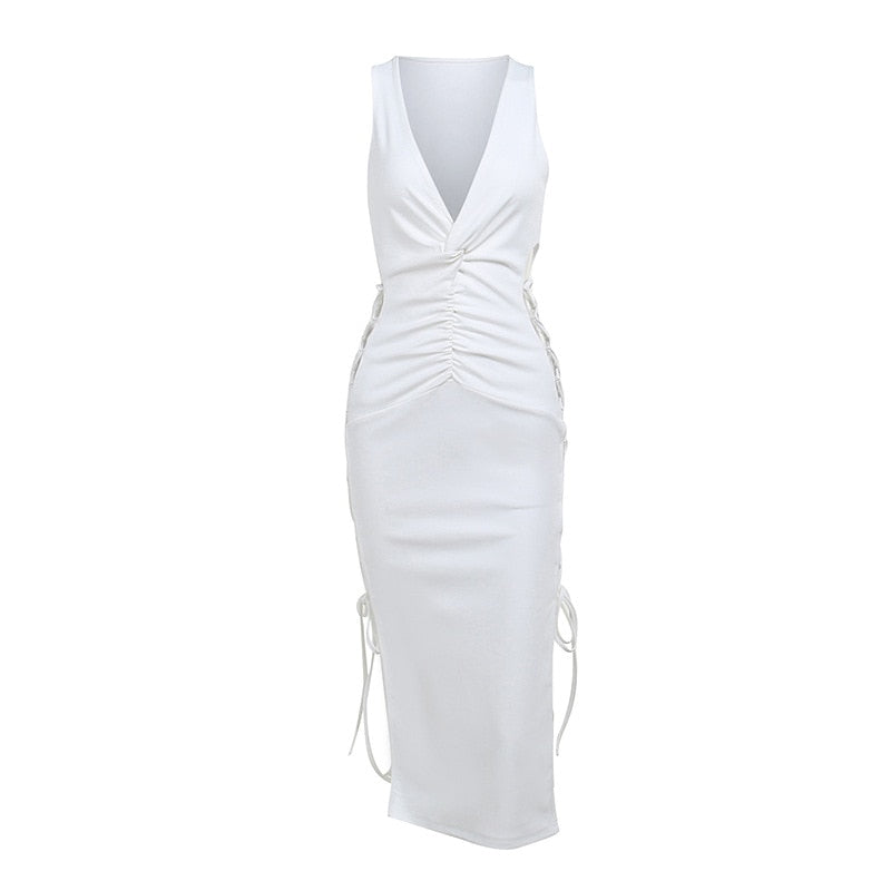 Ootdgirl   Deep V Cut Out Bandage Dresses for Women 2022 Part Nightclub Outfits White Sleeveless Bodycon Midi Dress C68-EZ32