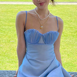 OOTDGIRL Y2K Fairy Sweet Girl Blue Mini Dress Elegant Women Low Cut Folds Chest Wrap A-Line Dress Birthday Party Night Evening Streetwear
