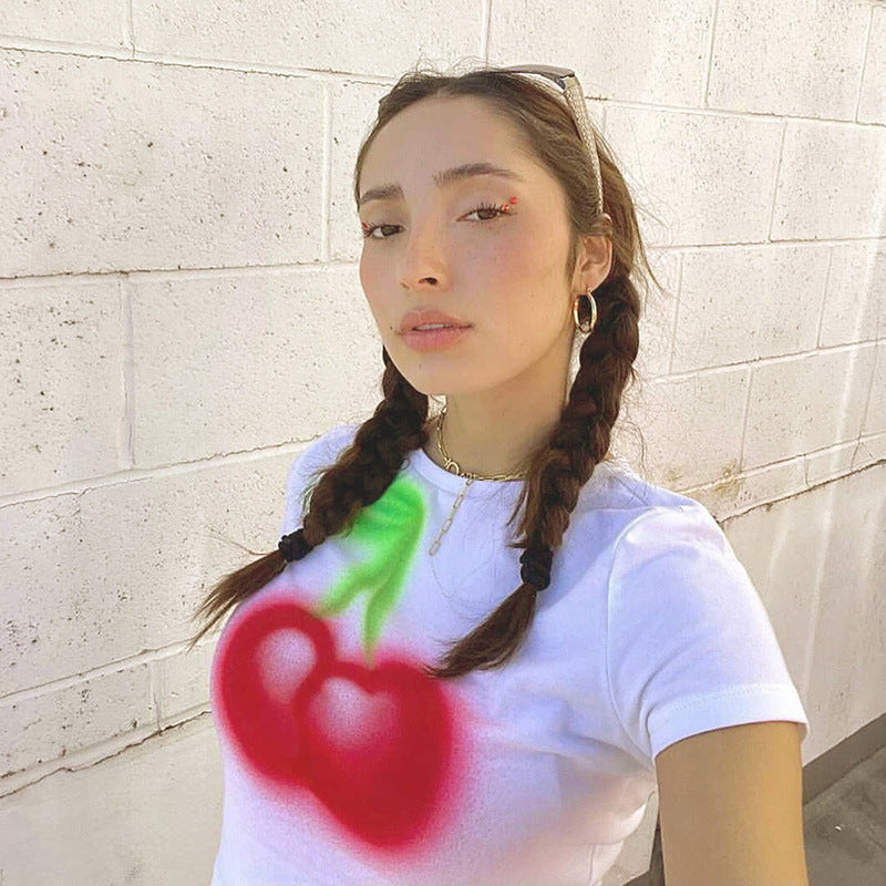 Ootdgirl  Cherry Printed White Crop Top Cute  Baby Tee Y2k Graphic T Shirts Streetwear Summer Clothes for Women C83-BB13