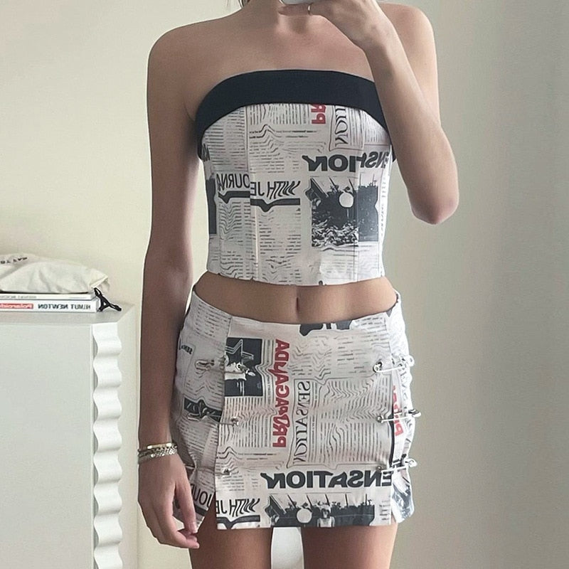 OOTDGIRL Harajuku Graphic Print Strapless Backless Crop Tube Top And Wrap Bodycon Mini Skirt Summer Beach Boho Floral Two Piece Set Women