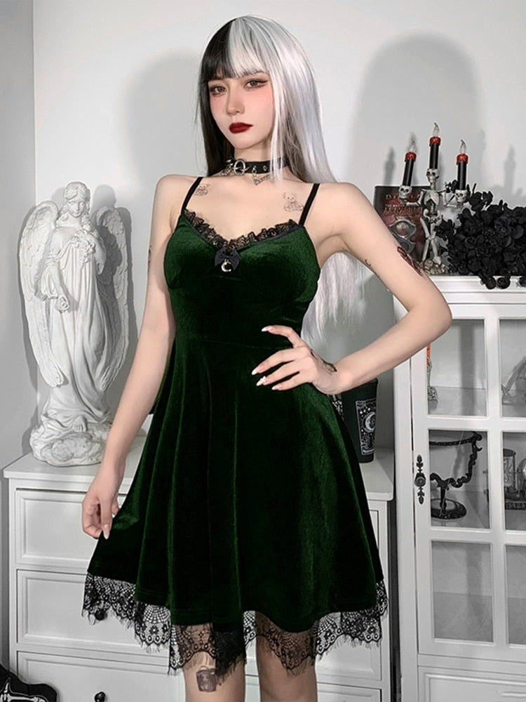 Ootdgirl Halloween Velvet Spaghetti Strap Dress Backless Moon Pendant Color Full Lace Tirm Dress A Line Waist-In Sleeveless Corset Dress