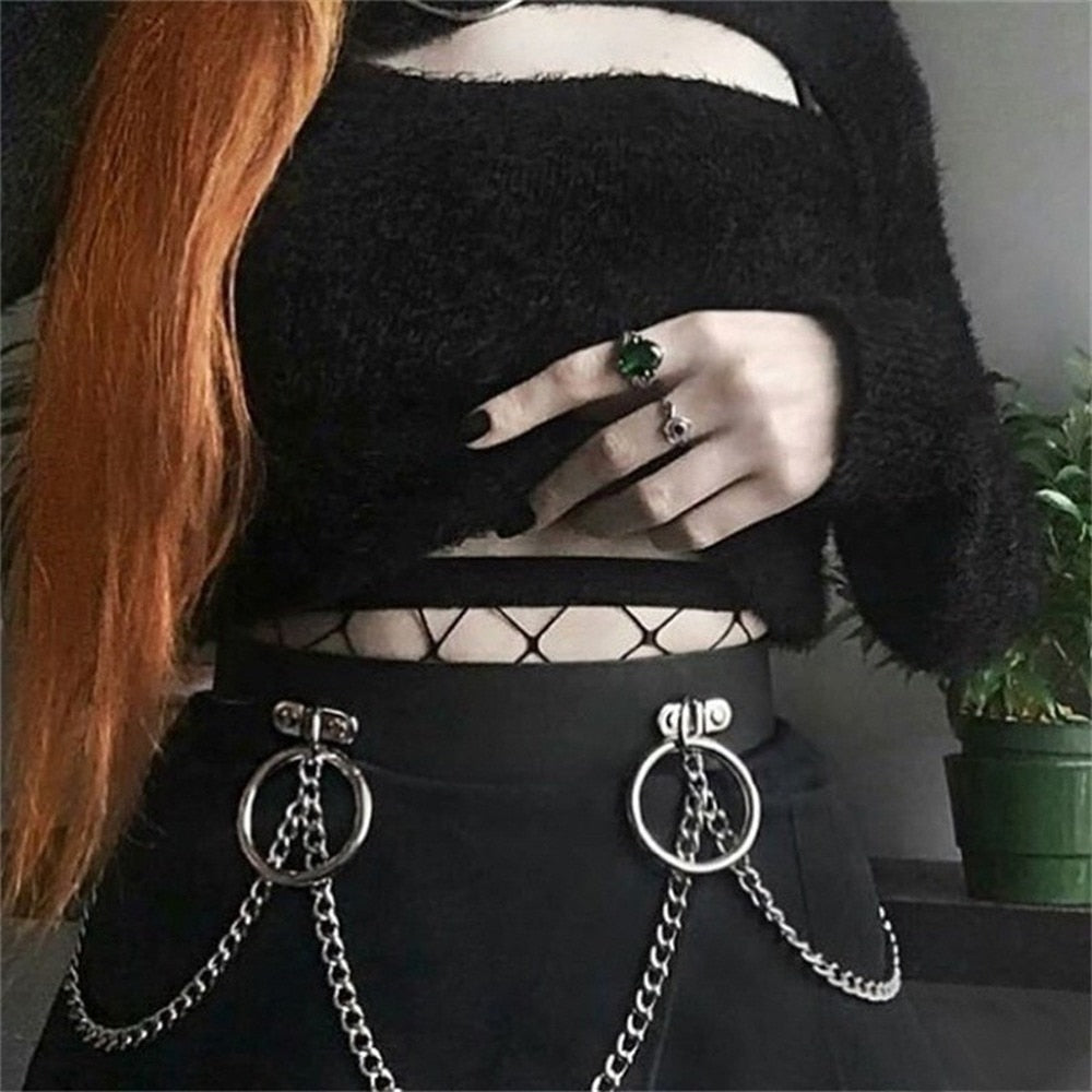 OOTDGIRL Faux Pu Leather Mall Gothic Metal Chain Belts Punk Grunge Black E-Girl Decorative Accessories Women Streetwar Alt Belt