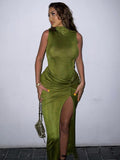 Ootdgirl  Elegant Green  Draped Maxi Dress for Women Summer Sleeveless Knit Ruched Slit Tank Dress Outfits Vestido
