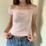 OOTDGIRL Heart Diamonds Print Crop Top Kawaii Frill Off Shoulder Short Sleeve T-Shirt Y2K Fairy Grunge Korean Fashion Pink Tees Women