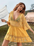 Ootdgirl  Deep V Neck Boho Beach Outing Sheer  Lace Tunic Pareo Swimwear Summer Vintage Short Dress Holiday Cover Up 2022