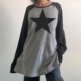 OOTDGIRL Autumn outfits Mall Goth Star Print Oversized T-Shirts Vintage Patchwork Long Sleeve Casual Tees Y2K Fairycore Grunge Loose Tops E-Girl Gothic