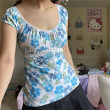 OOTDGIRL Y2K E Girl T-Shirts Cute Women Sweet Lace Floral Print Short Sleeve Top Kawaii Fairycore Clothes Streetwear 2000S
