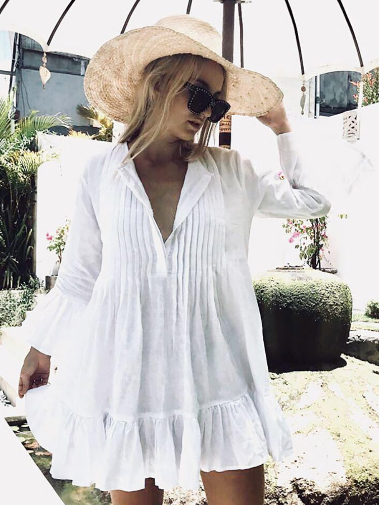 Ootdgirl  Pleated Autumn Beach Dress Female 2022 Bohemian Flare Sleeve Pareos  Hot Ruffles White Short Dresses For Women