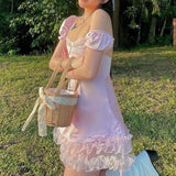OOTDGIRL Kawaii Ruffles Satin Mini Dress Elegant Lady Square Collar Puff Sleeve Dress Y2K Fairycore Vintage Clothes Sweet Girl Club Party