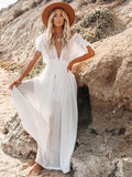 Ootdgirl Bohemian Deep V Neck White Long Dress Backless Ruffles Button Up Pareos Beach Cover Up Holiday  Slim Maxi Robe