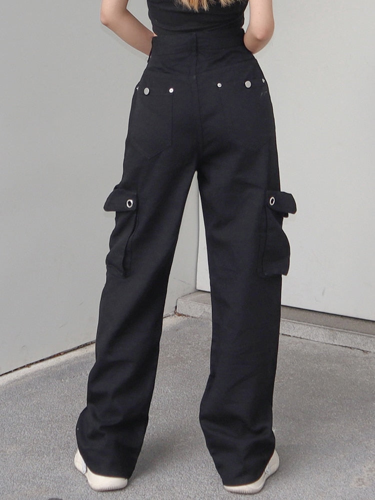 Ootdgirl Women's Jeans Hollow Out Waist Pocket Straight Pants Solid Y2k Streetwear Fashion Casual Denim Trousers Harajuku Korean