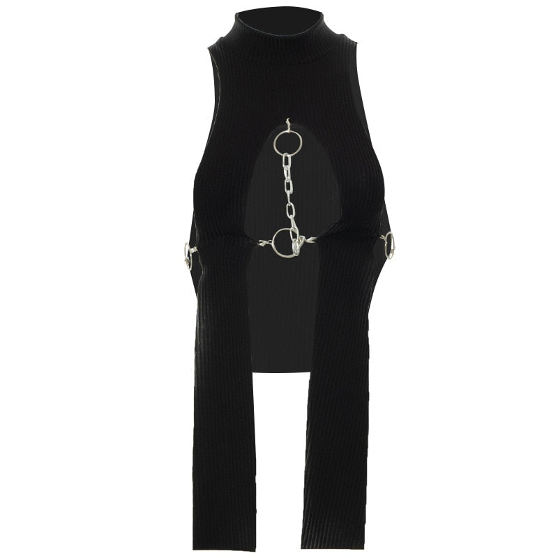 Ootdgirl  Black  Tops Women 2022 Summer Clothes Hollow Out Irregular Metal Chain Ring Tank Top Clubwear Knit Shirt C85-AF10