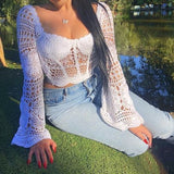 OOTDGIRL Vintage Bohemian Hollow Out Crochet Crop Top Square Collar Flared Sleeve Pullover Tees Women Backless Knit T-Shirt Clothes