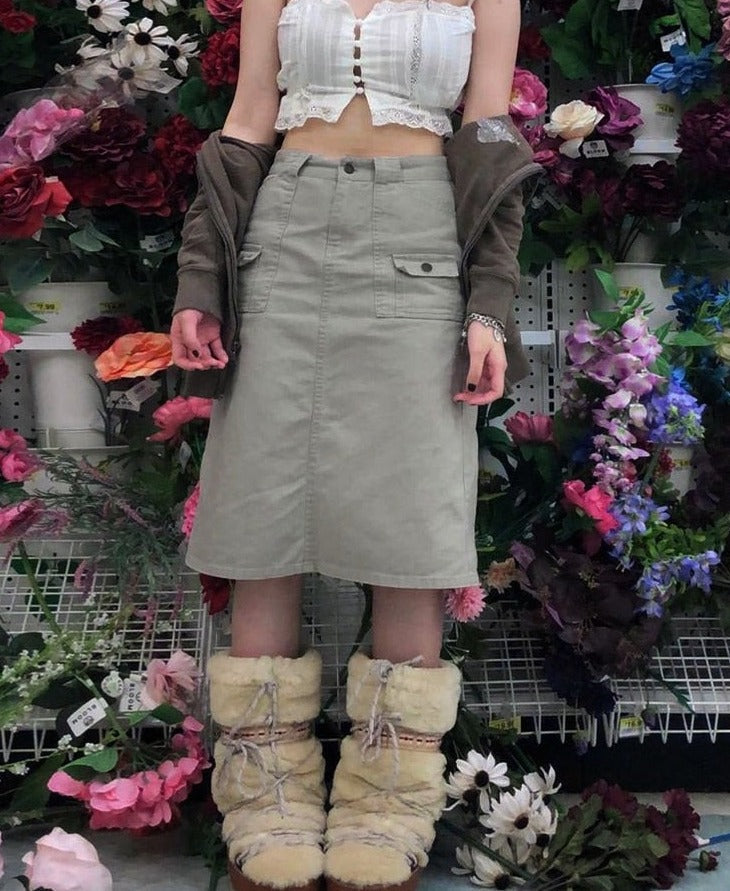 Ootdgirl  Harajuku Women's Midi Skirts Casual Pockets High Waist Straight Cargo Skirt Y2K Aesthetic Korean Fairy Grunge Outfits