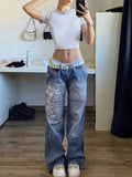 Ootdgirl  Print Patchwork Jeans Low Waist Women's Baggy Straight Jean Pants Y2k Streetwear Casual Cargo Denim Trousers Korean New