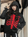 Ootdgirl Halloween Rib Print Hoodie Y2K Graphic Goth Drawstring Loose Hat Sweatshirt Cyberpunk Hip Hop Hippie Streetwear Fairy Grunge Coats