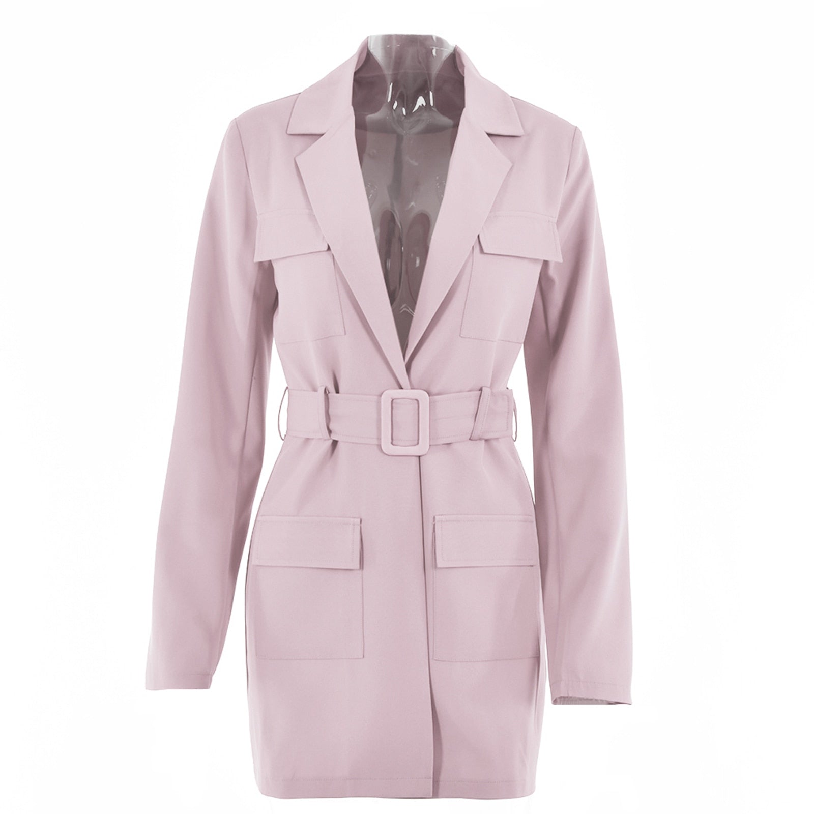 Ootdgirl Women Blazer Dress Turn-Down Collar Long Sleeve Belt Pocket Coat Office Lady Casual Jacket Single Suit Spring Fall Streetwear