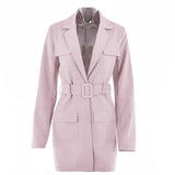 Ootdgirl Women Blazer Dress Turn-Down Collar Long Sleeve Belt Pocket Coat Office Lady Casual Jacket Single Suit Spring Fall Streetwear