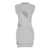 Ootdgirl  Asymmetrical Cut Out Mini Dress  Club Outfits for Women Summer 2022 Gray Ribbed Sleeveless Bodycon Dresses C83CD22