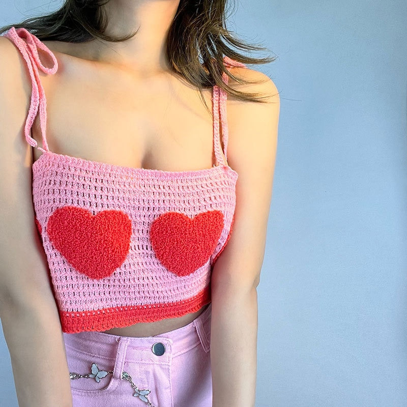 OOTDGIRL Cute Heart Flocking Crochet Top Y2K Aesthetics Fairycore Kawaii Knitted Lace Up Strap Cropped 2000S Retro Women Cami Top Clothes
