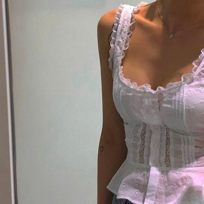 OOTDGIRL Y2K Fairy Grunge White Crop Top Kawaii Lace Trim Ruffles Hem Milkmaid Top Summer Button Up Sleeveless Women Vintage Tank Vest