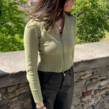 OOTDGIRL Vintage Double Zipper Knitted Cardigans Y2K Aesthetics Retro Green Sweater Autumn Spring Slim Fit Knitwear Top Women Streetwear