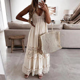 Ootdgirl Ladies Casual Lace Patchwork Sleeveless Maxi Dress Women Summer Spaghetti Strap V Neck Hollow Out Dresses Party Fashion Vestidos