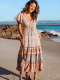 Ootdgirl  Vintage Bohemian Long Dress Beach Wear Summer Women Clothing Print Floral Buttons V Neck Pareos Holiday  Robe