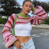 OOTDGIRL Chic Women Knitted Shrug Sweater Y2K Vintage Striped Loose Long Sleeves Pullover Crop Tops 00S Retro Smock T-Shirt Streetwear