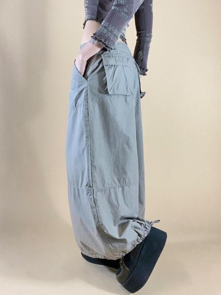 Ootdgirl  Harajuku Cargo Maxi Skirts Y2K Low Waist Ankle-Length Skirt 2000S Retro Drawstring Women's Long Skirt Grunge Fairycore