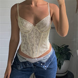 Vintage Floral Lace Corset Cami Top Sexy Women Skinny Backless Crop Bustier Y2K Aesthetic Fairycore Retro Women 00s 90s Clothes
