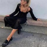 OOTDGIRL Y2K Vintage Black Knitted Long Dress Chic Women Summer Beach Holiday Hollow Out Cover-Ups Retro Crochet Maxi Smock Dresses
