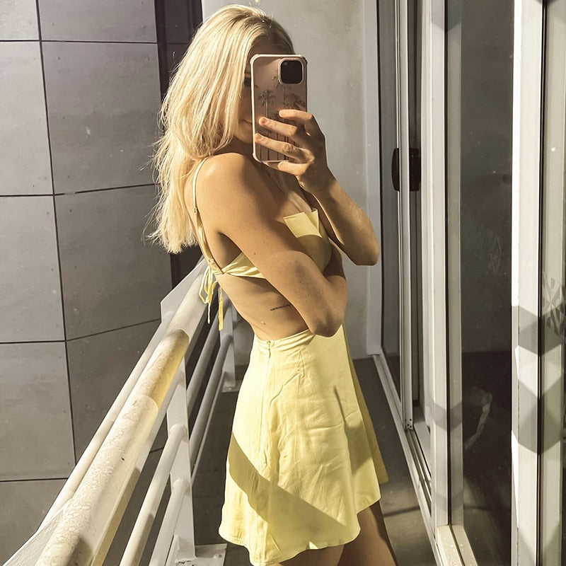 OOTDGIRL Summer Lemon Yellow Strap Mini Dress Sexy Chest Wrap Kink Hollow Out Backless Tie-Up Sundress For Women Club Party Streetwear