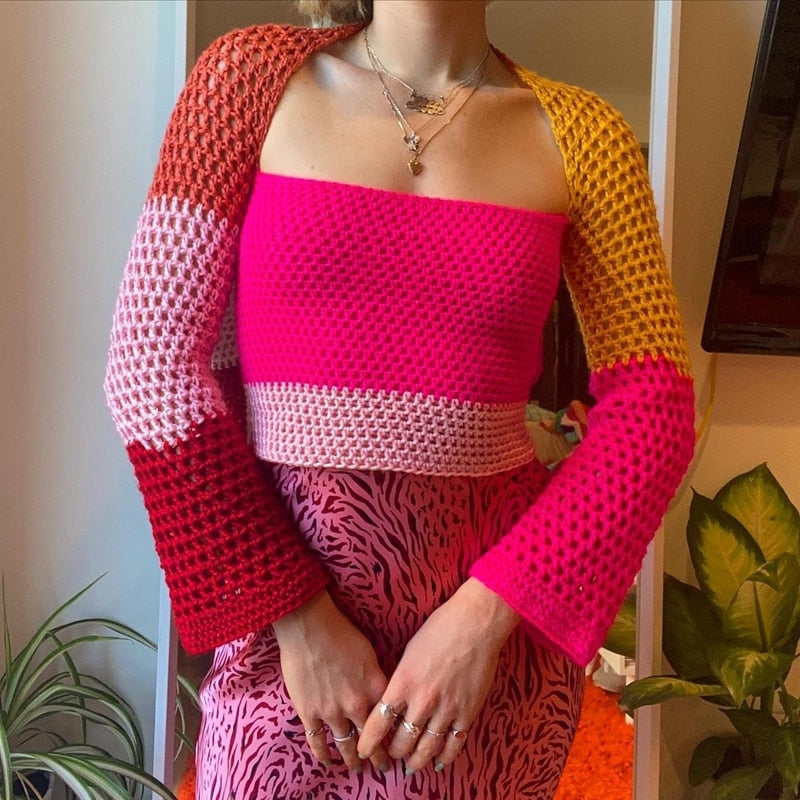 OOTDGIRL Y2k 90S Patchwork Knitted Sweater Top Vintage Hollow Out Crochet T-Shirt Women Sweater Pullovers Fairycore Streetwear