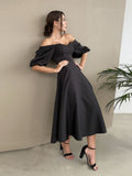 Ootdgirl   Slash Neck Backless Midi Dress For Women Elegant Puff Half Sleeve A-Line Party Dresses 2022 New Fashion Spring Summer Dress