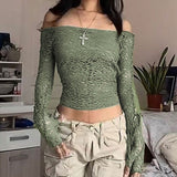 OOTDGIRL Womens Y2k Green Hollow Out Crop Tops Cute Kawaii Off-Shoulder Sleeve T-Shirts E-Girls Teen Summer Clothes Streetwear