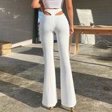 Ootdgirl Women's High Waist Flare Pants Solid Color Hollow Out Slim Fashion Trousers Office Lady Casual Wide Leg Pant Streetwear