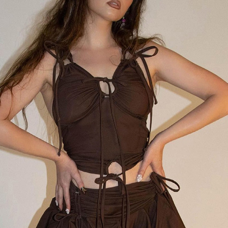 Ootdgirl  Y2k  Tank Tops Streetwear Summer 2022 Womens Fashion Clothes Irregular Drawstring Lace Up Crop Top C85-BI12