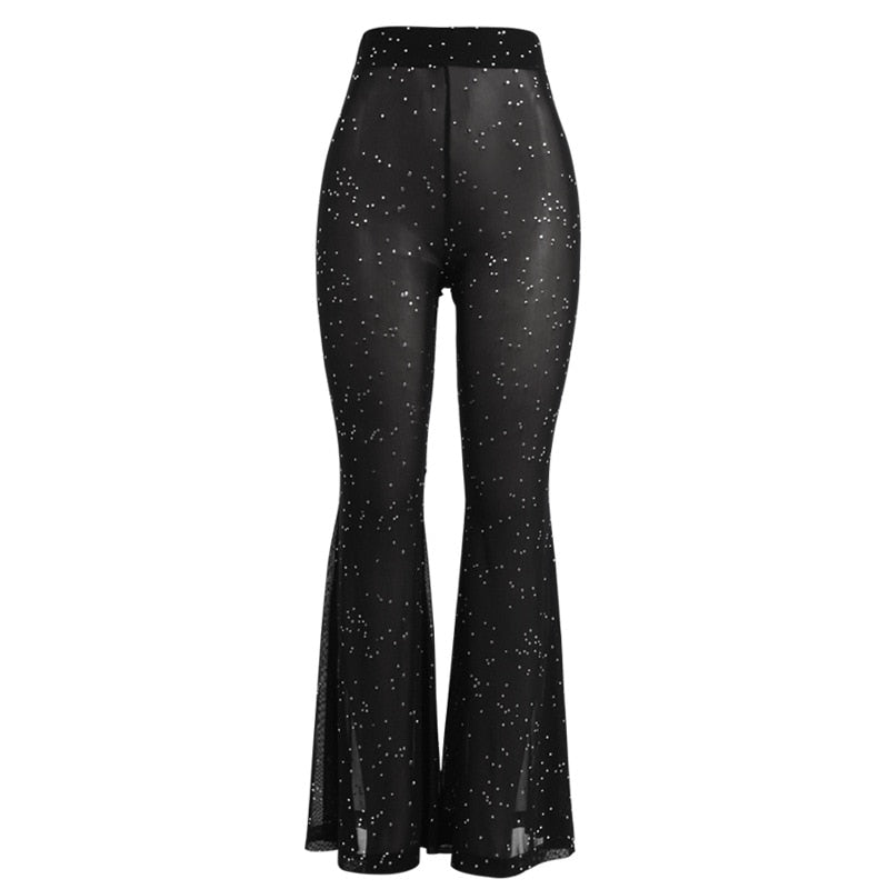Sparkly Rhinestone Black Mesh  Flare Pants Streetwear Rave Bottoms See Through Beach Bell Bottom Pants