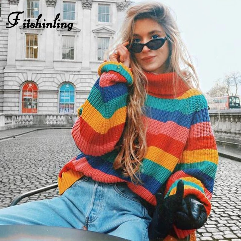 Ootdgirl  2022 Winter Turtlenecks Sweaters For Women Rainbow Stripes Fashion Pullover Female Knitted Jumper Lady's Sweater Hot