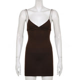 Vintage Brown Wrap Bodycon Mini Dress Sexy Deep V Neck Thin Strap Slim Sundress Elegant Women Club Party Evening Night Dress