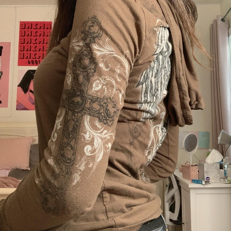 OOTDGIRL Indie Grunge Graphic Print T-Shirt Hooded Autumn Long Sleeve Pullovers Tees Vintage Brown Aesthetic Crop Top Y2K Retro Clothes
