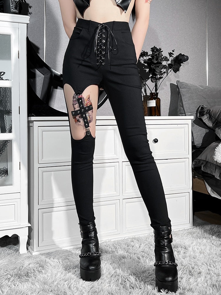 Ootdgirl Halloween Cut Out Gothic Pencil Pants Cross Patchwork Gothic Punk Black Summer Streetwear Pant Korean Fashion Cool Narrow Leg Pant