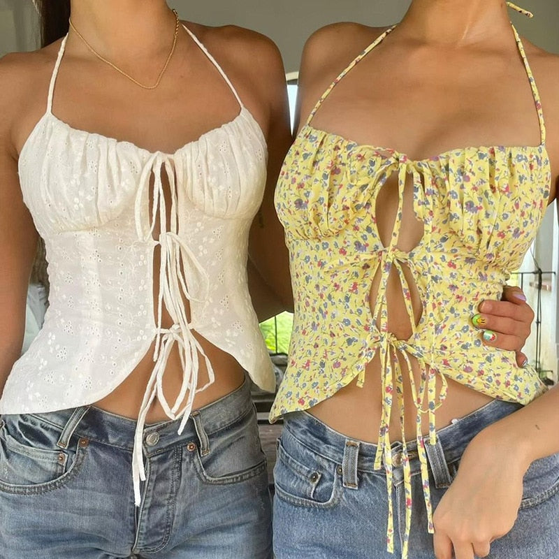 OOTDGIRL Boho Vintage Floral Print Camisole Y2K Aesthetic Fairycore Hollow Out Lace Up Backless Halter Crop Top Women Summer Beach Vest