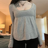 OOTDGIRL Chic Women Vintage Gray Knitted Sweater Autumn Full Sleeve Pullovers Tees 00S Retro Y2K Aesthetics Cute Milkmaid Tops Knitwear