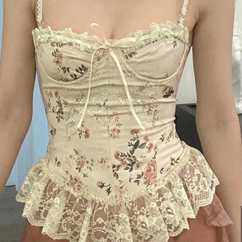 OOTDGIRL Back to School Vintage Fairycore Cropped Corset Floral Print Lace Patchwork Low-Chest Tops Bustier Top Camisole Y2k Aesthetic Camis