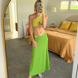 OOTDGIRL Autumn outfits Beach Holiday Green Two Piece Set Chic Women One Shoulder Backless Slim Fit Crop Top Vest + A-Line Long Skirts Y2K Streetwear
