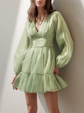 OOTDGIRL Autumn Female Solid Color V Neck Long Sleeve Mini Fairy Dresses Summer Women Elegant Short Birthday Dress