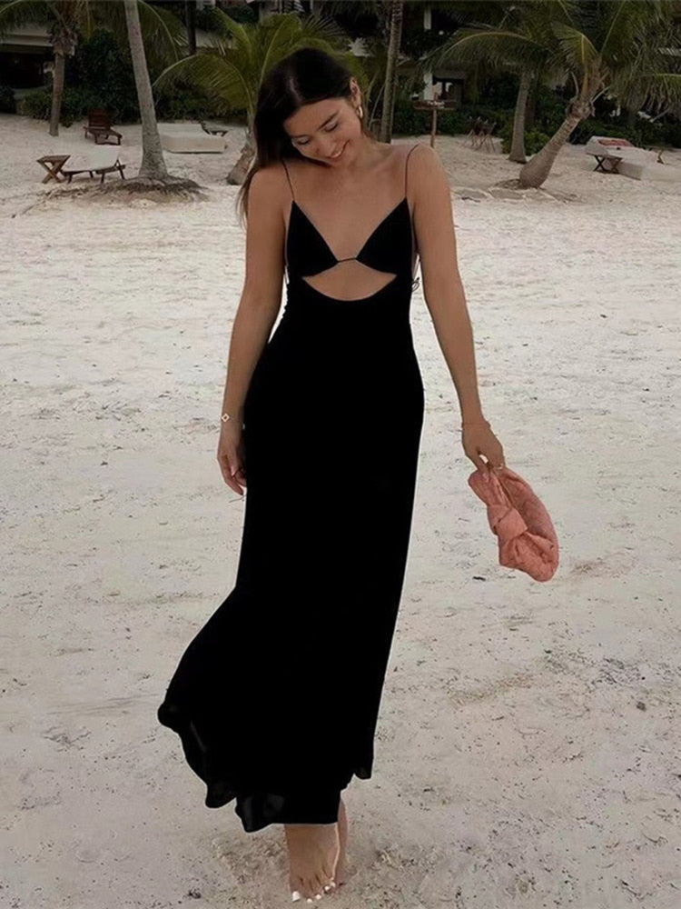 Ootdgirl  Summer Sleeveless  Backless Maxi Dress for Women Beachwear Outfits Cut Out Spaghetti Strap Long Dress Vestido