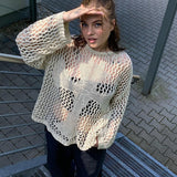OOTDGIRL 90S Vintage Dark Academia Knitted T-Shirt Y2K Hollow Out See Through Oversized Pullovers Cover-Ups Harajuku Grunge Retro Tees